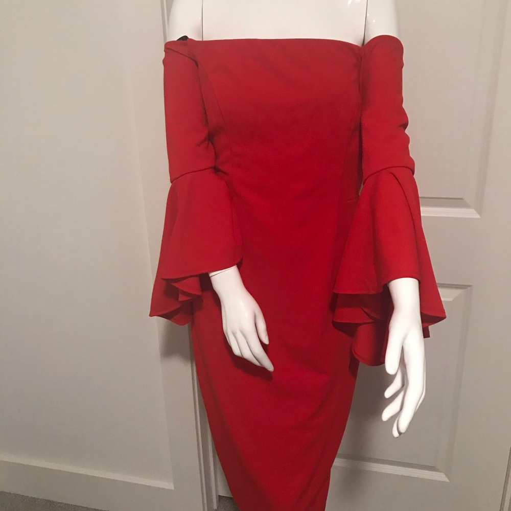 Deep Red off the shoulder Bell sleeve Dress by     Bisou Bisou
